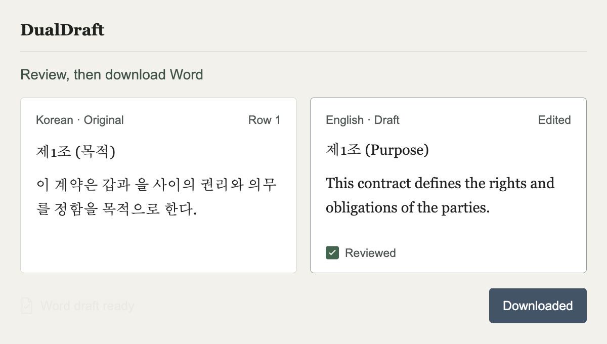 Illustrated sample workflow: compare a Korean original with its English draft, edit, review, and download Word